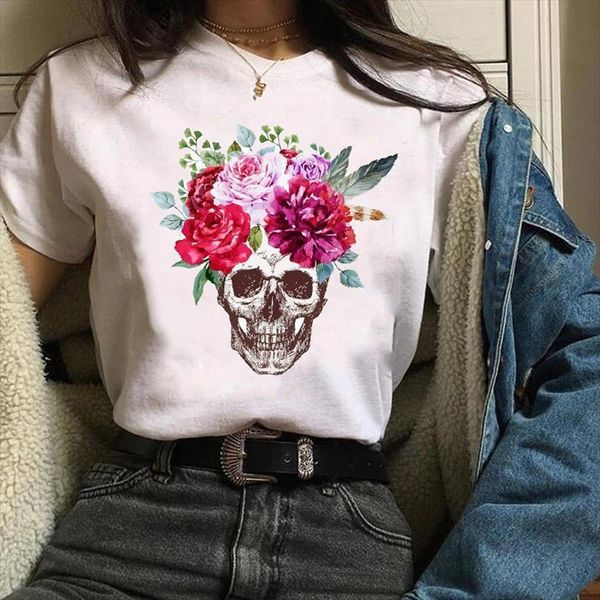 

men clothing clothes graphic kawaii mens streetwear floral flower skull face halloween tees female t shirt, White;black