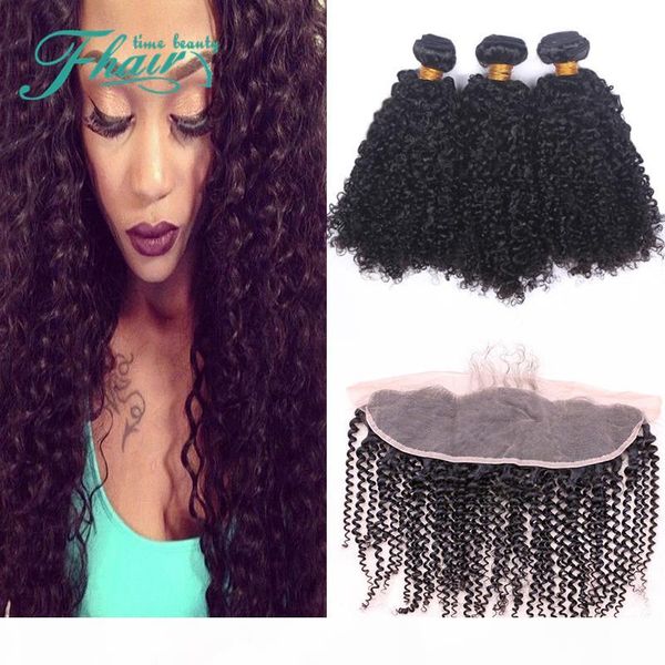 

13x4 lace frontal closure with bundles malaysian kinky curly hair with frontal closure, Black