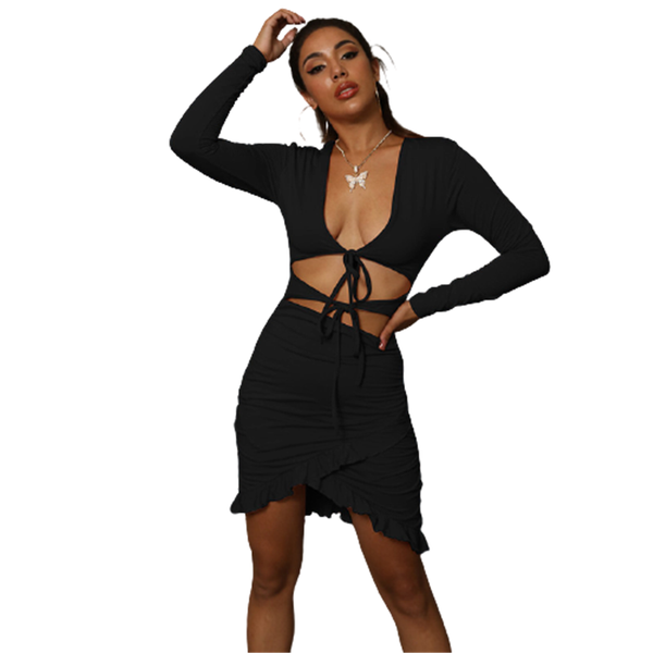 

casual dresses women long sleeve hollow out bandage autumn v-neck black irregular short dress ruffles hem street ladies mini, Black;gray