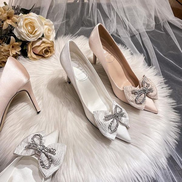 

dress shoes fashion shallow mouth bow with beaded satin high heels women, Black