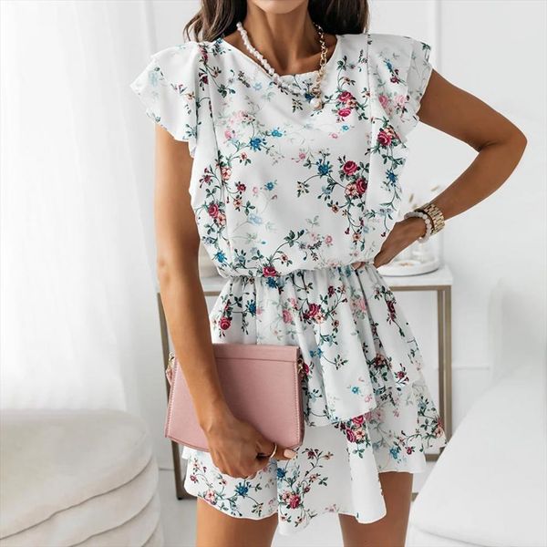 

floral print mini doule women dresses layer ruffles sleeveless summer sundress for beach, Black;gray