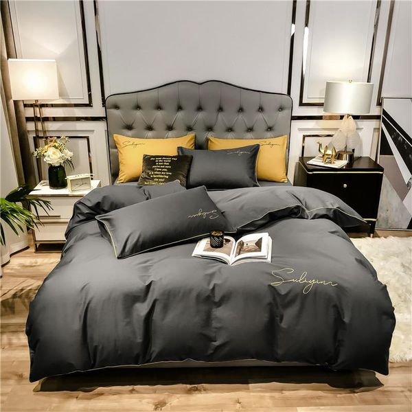 

bedding sets 2021 four-piece simple cotton double household bed sheet quilt cover embroidered twill comfortable dark gray