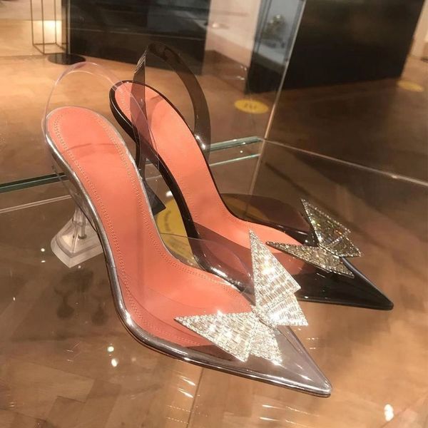 

luxury dress shoes 2021 spring and summer diamond bow high heel's thin heel pointed transparent fairy sho baotou sandals, Black
