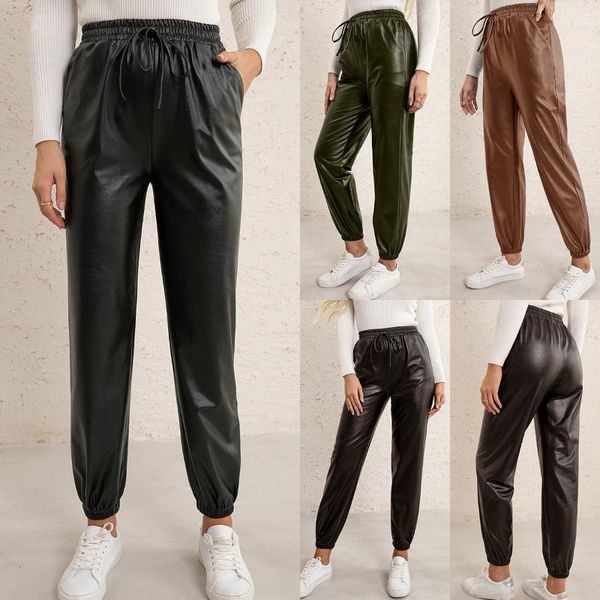

women's pants & capris donsignet fashion women casual sell loose locomotive leather all-match elastic waist pu strapped, Black;white