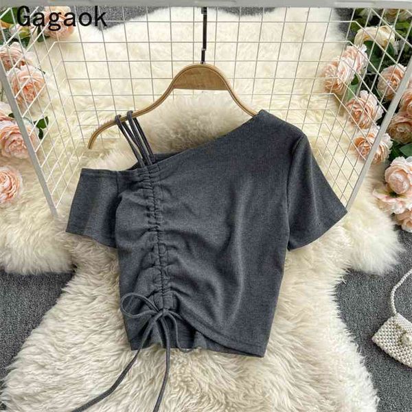 

woman tshirts summer solid skew collar streetwear bandage slim tee casual wild korean fashion navel pullovers 210531, White