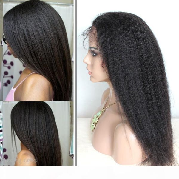 

kinky straight lace front wig glueless brazilian virgin gluleess full lace wigs human hair coarse italian yaki wigs pre plucked for women, Black;brown