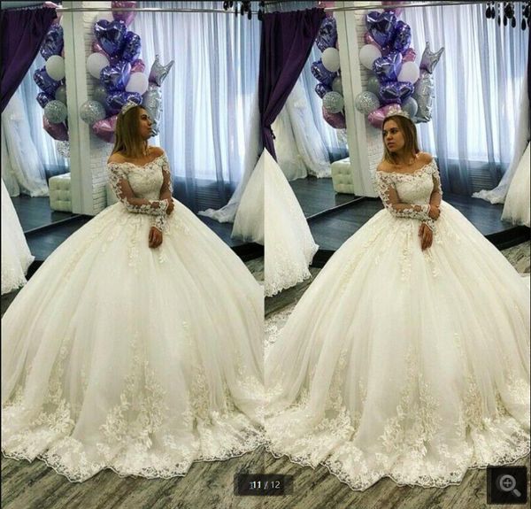

vestido de festa 2021 white tulle ball gown wedding dress vintage off the shoulder lace appliques princess long sleeve bridal gowns modest c