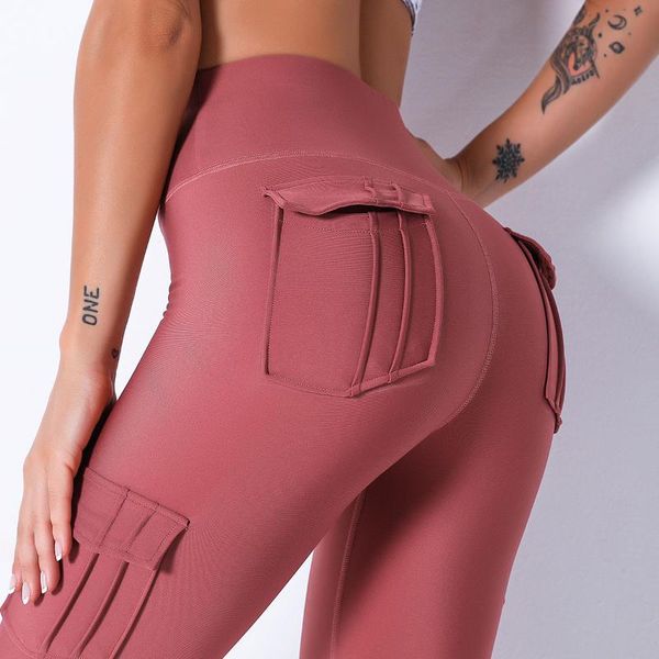 

yoga outfit workout clothing multi-pocket solid color hip pants running fitness moisture wicking sports