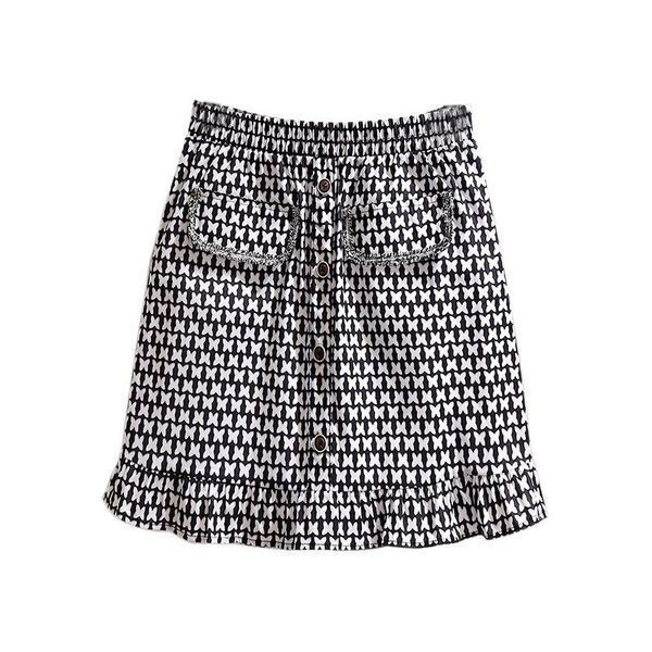 

skirts houndstooth pattern a-line skirt spring autumn casual elastic waist pockets buttons ruffles edge plus size women's clothing, Black