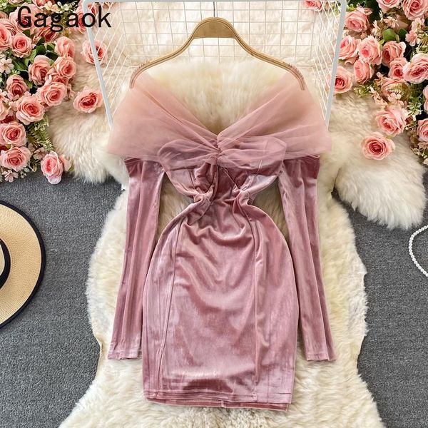

casual dresses gagaok bodycon dress women 2021 spring autumn v-neck high street mesh party fashion chic wild mini vestidos, Black;gray