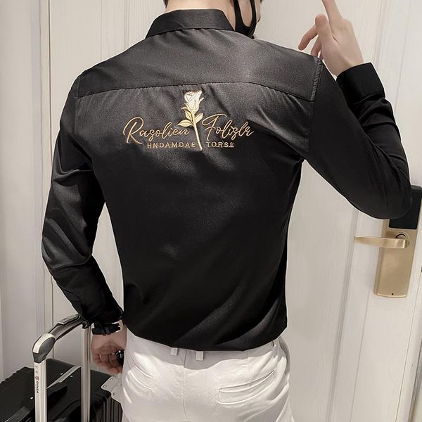 

men's casual shirts 2021 autumn embroidery shirt for men long sleeve formal dress slim fit streetwear social party blouse male clothes, White;black