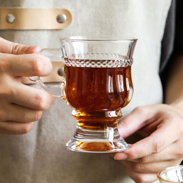 

wine glasses european style retro amber relief transparent small glass cup drink milk tea simple high foot