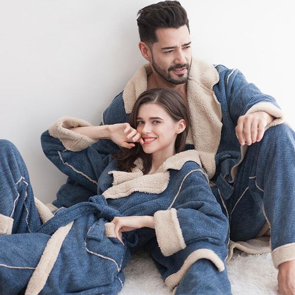 

couple pajama autumn winter coral fleece bathrobe set female nightgown thicken flannel warm home wear men&women pijamas suit, Black;brown