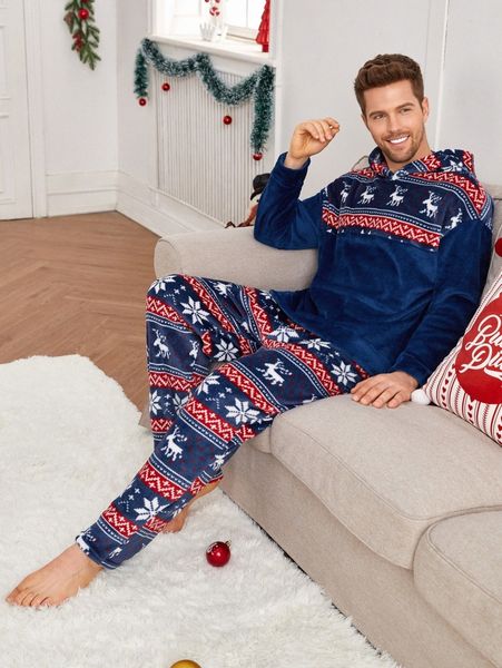 

men christmas print drop shoulder teddy hoodie & pants pj set t6ih#, Black;brown