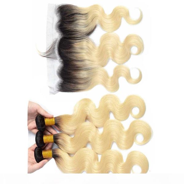

#1b 613 blonde ombre malaysian wavy human hair 3bundles balck roots with frontal 4pcs lot ombre blonde hair weaves with 13x4 lace frontal, Black;brown