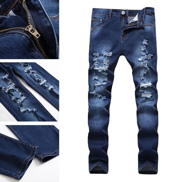 

slim-fit business casual pants hong kong fashion brand pants men trendy men's new straight men holes korean version, Blue