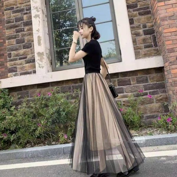 

skirts mesh skirt fashion pleated long 2021 beach elegant female high waist casual, Black