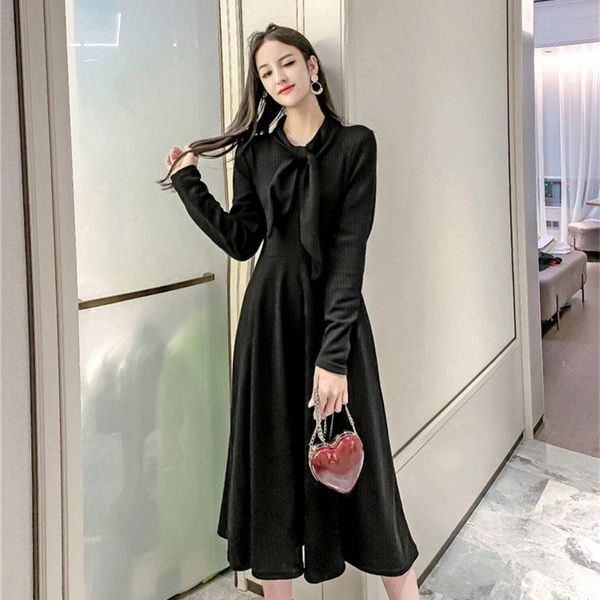 

cbafu women casual autumn dress ladies elegant slim bow shirt bandage long dress party midi dresses vestidos robe longue q024, Black;gray
