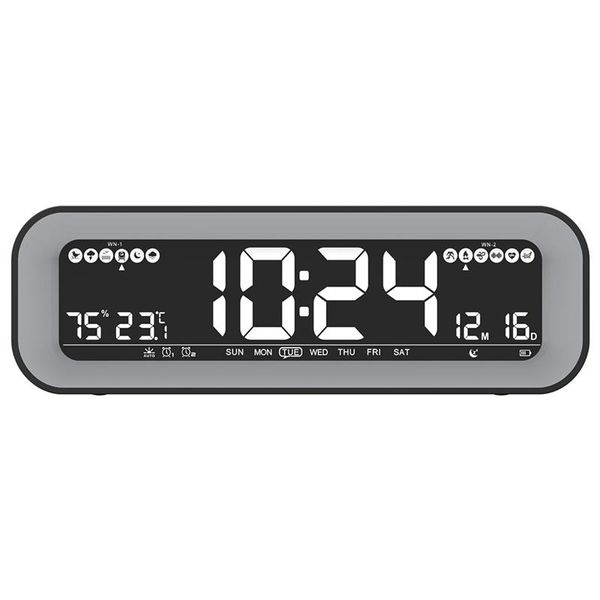 

alarm clock radio with auto dimming, fm radio temperature and humidity , dual alarm, snooze, date-display for bedroom