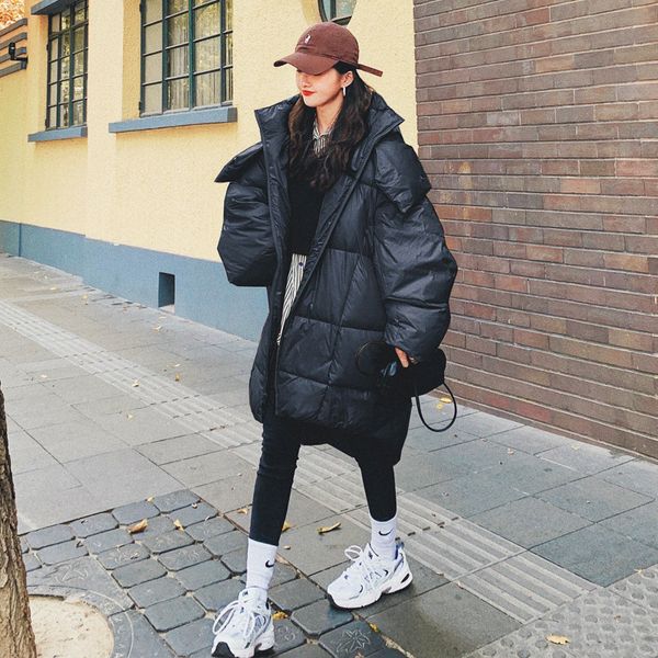 

2021 new bread korean coat loose casual women's winter uniform color zipper medium long thickened texture cotton padded jacket u6ne, Black