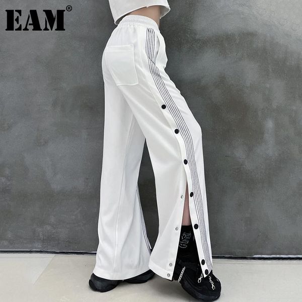 

women's pants & capris [eam] high elastic waist white side button striped wide leg trousers loose women fashion spring summer 2021 1dd9, Black;white