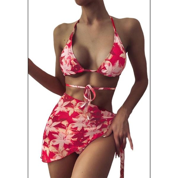 

3 pieces swimsuit set female boho floral print brazilian triangle bikini halter bandage bathing suit with sarong cover up b
