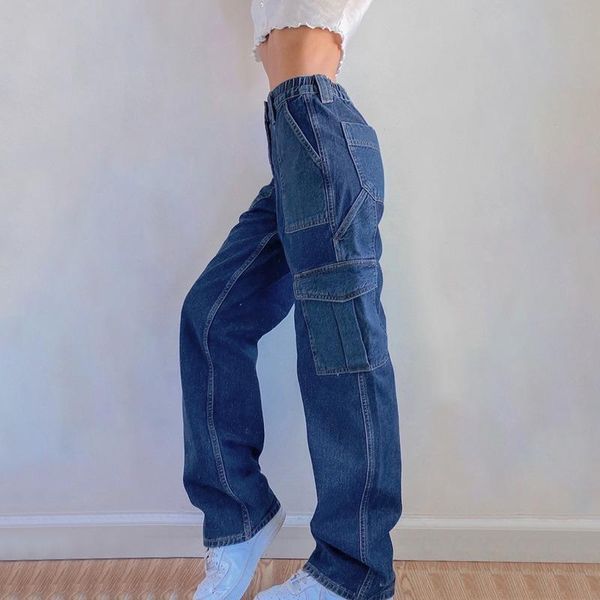 

women's jeans streetwear bodycon high waist patchwork pockets harajuku aesthetic pants for women denim 90s casual, Blue