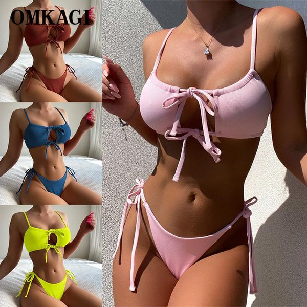 

women's swimwear omkagi brazilian bikini 2021 solid push up bandage bikinis set swimming bathing suit beachwear swimsuit women, White;black