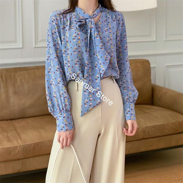 

2021 new camisa fita feminina lao de seda solto manga comprida impresso lao-up feminino blusa casual senhoras 4gs8, Black