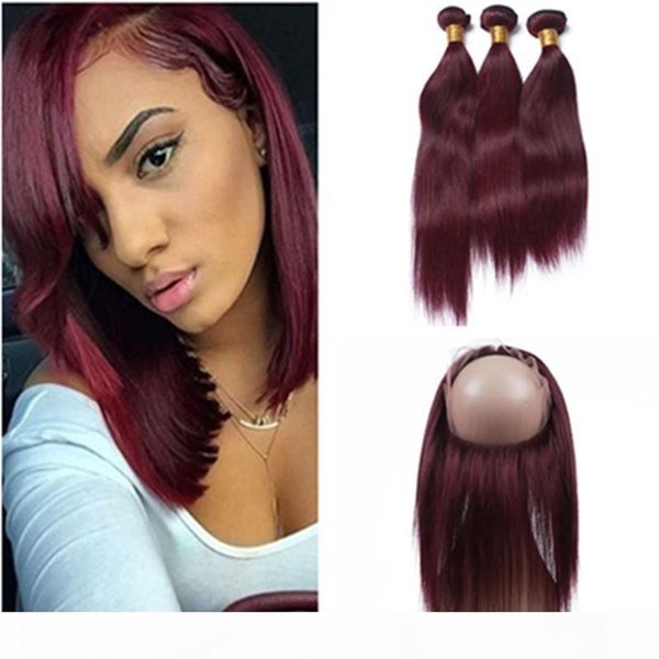 

malaysian wine red virgin human hair wefts with 360 frontal straight #99j burgundy 360 lace frontal closure pre plucked with weave bundles, Black;brown