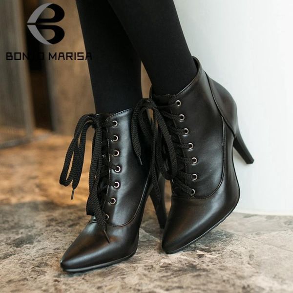 

boots bonjomarisa ins ladies solid lace up stiletto heel pointed toe women elegant stylish design shoes woman1, Black