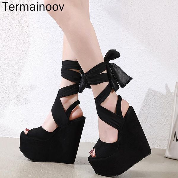 

sandals termainoov women fashion wedges peep toe lace up ankle strap 17cm high heels party shoes, Black
