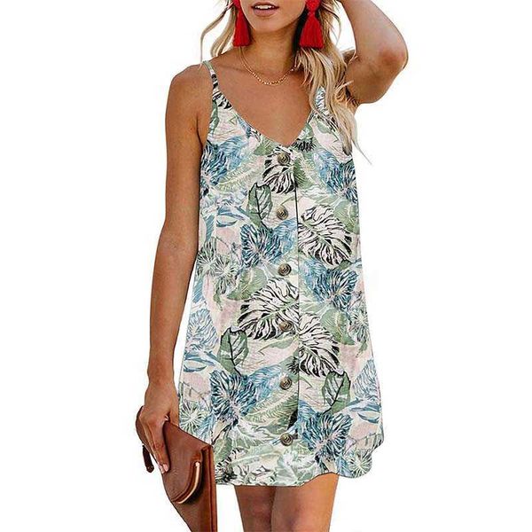 

spaghetti strap single breasted floral print v neck sleeveless dress women backless casual streetwear loose above knee dresses 210608, Black;gray