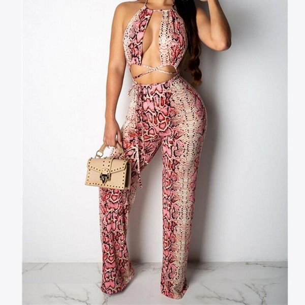 

women's jumpsuits & rompers 2pcs set snakeskin print bandage playsuit ladies halter hollow out strappy jumpsuit summer casual, Black;white