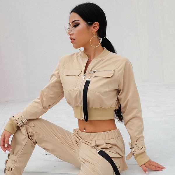 

gym clothing two-piece suit autumn women fashion short long-sleeved tooling jacket street shooting shirt overalls sports leisure, White;black