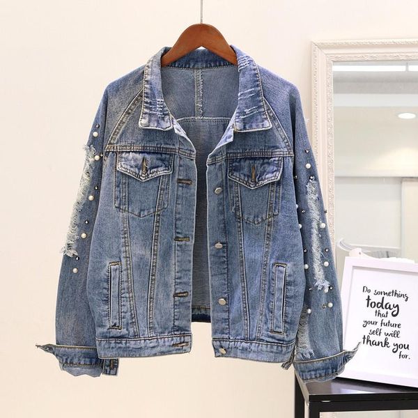 

women's jackets female denim 2021 spring harajuku korean hip hop loose pearls long sleeve blue jeans coat fashion jacket, Black;brown