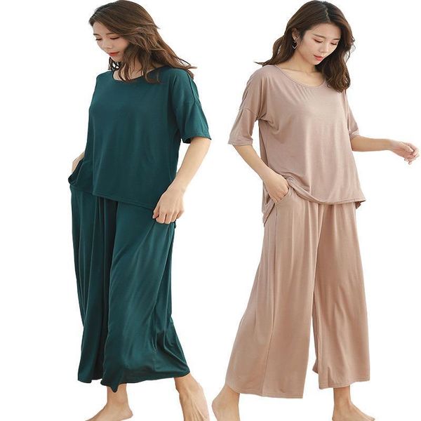 

2/pcs 9-minute wide-legged trousers 5-minute t-shirt women pajamas sets 2021 spring long sleeve casual sleepwear suit home wear, Gray