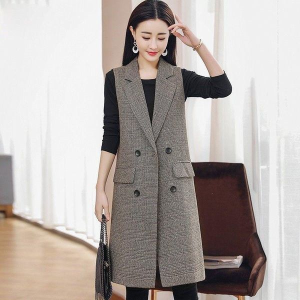 

women's vests autumn and winter jacket women korean plaid suit vest mid-length 2021 spring slim waistcoat sleeveless blazer windbreaker, Black;white