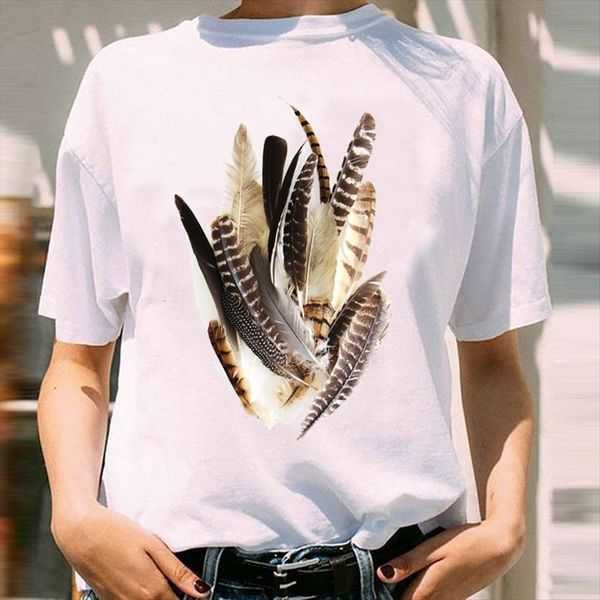 

graphic feather vintage girl womens t shirts 90s cute spring summer short sleeve lady print female clothes tees shirt, White