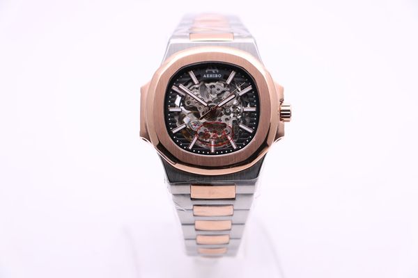 

brand everose gold two tone black dial skeleton dial aehibo automatic movement men watch glass back glass stainless steel mens wristwatches, Slivery;brown