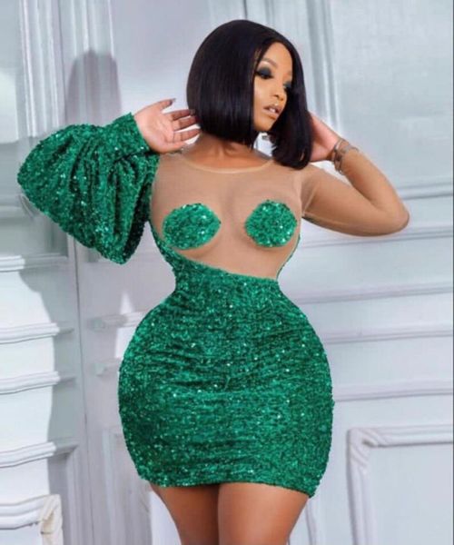

party dresses sparkly short sequins wedding reception mini see-through african prom dress aso ebi flare sleeves birthday gowns, White;black