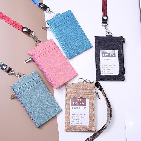 

card holders fashion cowboy leather short wallet women casual lanyard small purse men pu slim thin business id bag with hanging rope, Brown;gray