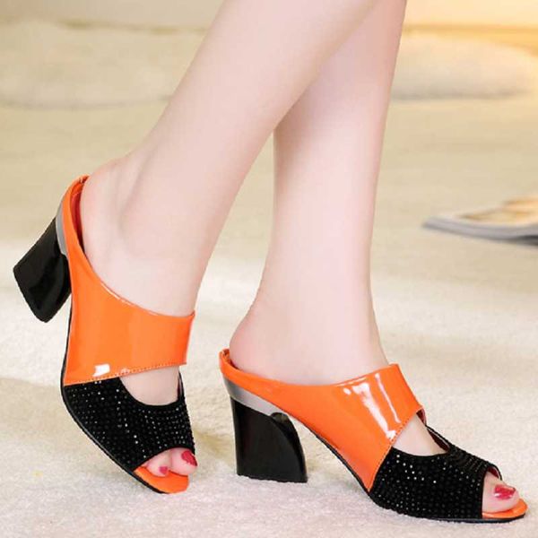 

slippers fashion trendy rhinestone ladies summer color matching square heel high-heeled fish mouth for outer wear., Black