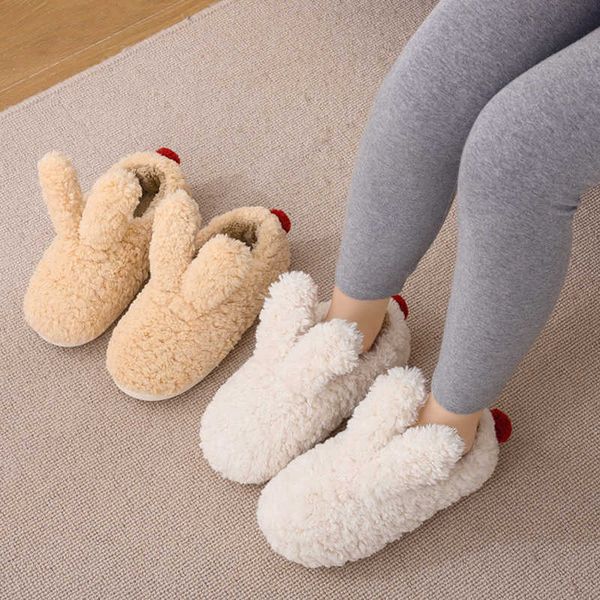 

winter women cute rabbit cotton slippers plush warm non-slip outdoor indoor shoes fluffy women slipper home soft floor shoes 210619, Black