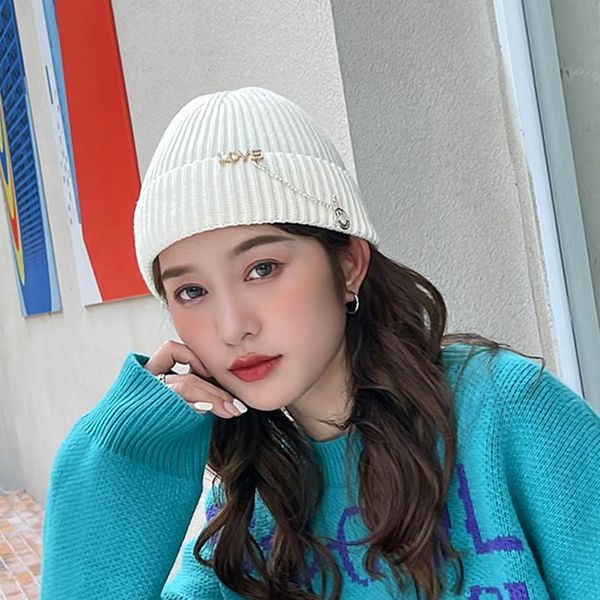 

beanies winter knitted hat women's autumn / all-match woolen hats with diamond-studded chain hood warm student baotou cap