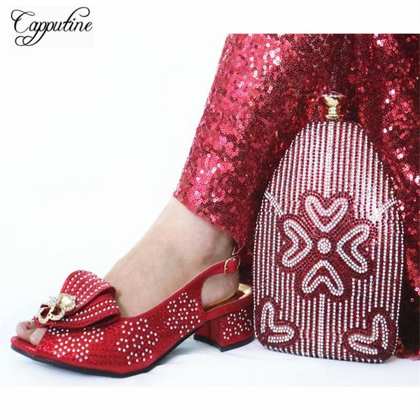 

dress shoes african elegant women rhinestone and bag set italian fashion red color low heels for party, Black