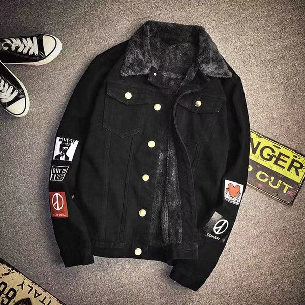 

men's lamp, blue jeans, jacket, warm coat denim, new xl, wool lining, thick winter jean jacket yoaf, Black;brown