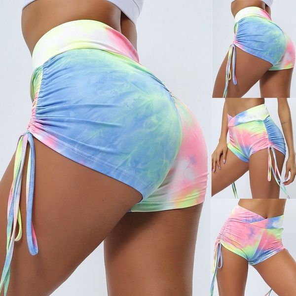 

women casual tight tie-dye stitches irregular mid-tail ties sport hip lift short elasticity breathing feminine shorts, White;black