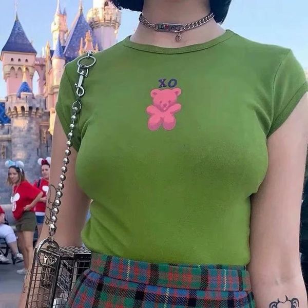 

women's t-shirt women bear print crop tee short sleeve slim fit s352, White