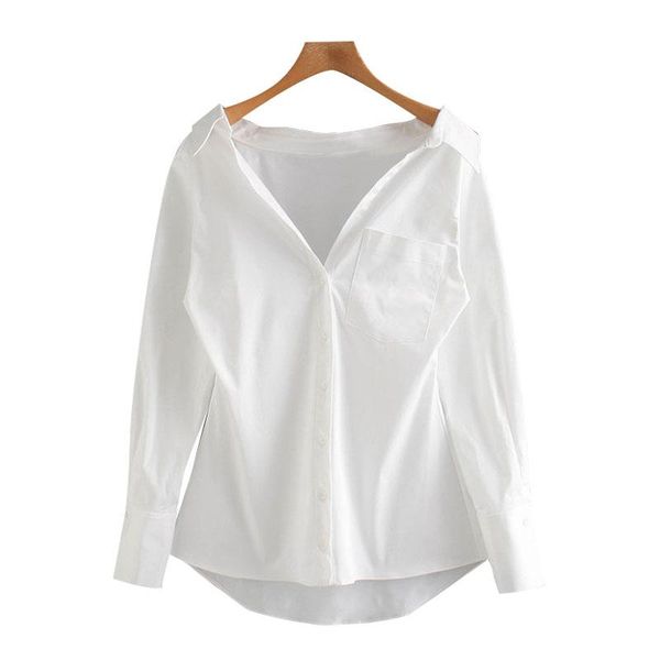 

women's polos women blouses fashion with pockets asymmetric vintage long sleeve button-up female 2021 shirts chic, White